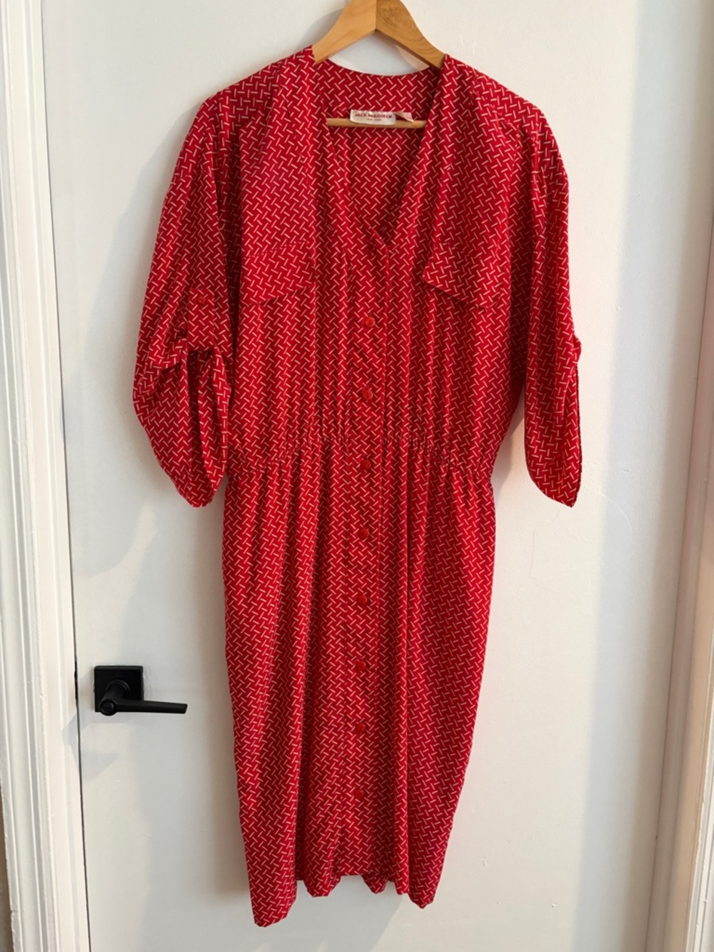 Vintage Jack mulqueen Red Printed V-Neck Midi Dress 100% silk size 8